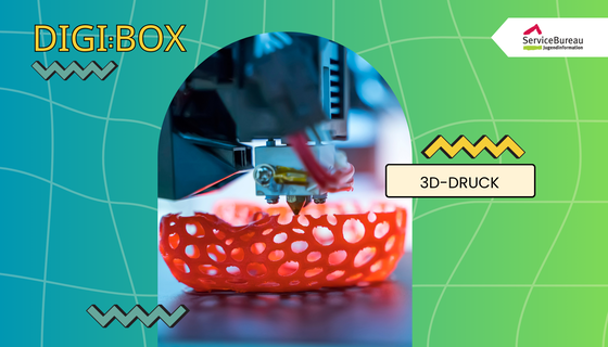 Dekoratives Bild, auf dem steht: DigiBox 3D-Druck. Auf einem eingefügten kleinen Foto ist ein Druckkopf in Aktion zu sehen. Er druckt gerade ein rotes löcheriges Objekt.