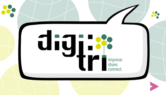 Digitri-Logo in einer Sprechblase auf einem dekorativen Hintergrund, der aus gelben und mintfarbenen Kreisen besteht.