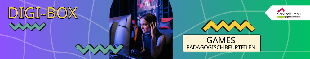 Dekoratives Banner auf dem steht: DigiBox Games pädagogisch beurteilen. Auf einem eingefügten kleinen Foto ist eine weibliche Person zu sehen, die in einen Bildschirm schaut. Sie lächelt und hält eine Hand an ihren Kopfhörer.