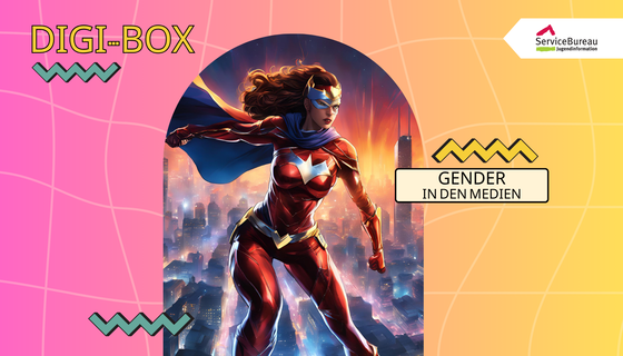 Dekoratives Banner auf dem steht: DigiBox Weibliche Figuren / Gender in den Medien. Auf einem eingefügten kleinen Foto ist eine Superheldin zu sehen. Sie trägt einen enganliegenden rotglänzenden Jumpsuit, einen goldenen Gürtel und ein wehendes Cape. Im Hintergrund sind die Lichter einer Großstadt zu sehen.