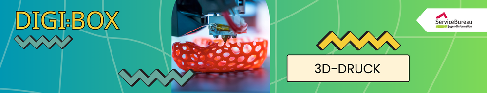 Dekoratives Banner auf dem steht: DigiBox 3D-Druck. Auf einem eingefügten kleinen Foto ist ein Druckkopf in Aktion zu sehen. Er druckt gerade ein rotes löcheriges Objekt.