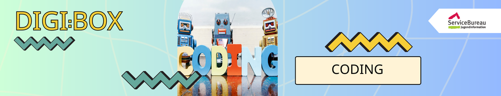 Dekoratives Banner auf dem steht: DigiBox Coding. Auf einem eingefügten kleinen Foto sind 3 kleine Roboter zu sehen, die hinter dem bunten Schriftzug Coding stehen.