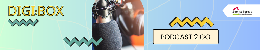 Dekoratives Banner auf dem steht: DigiBox Podcast 2 Go. Auf einem eingefügten kleinen Foto ist ein Mikrofon zu sehen.